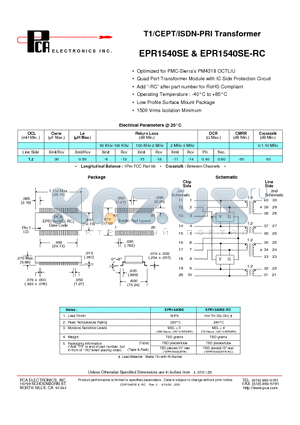 EPR1540SE datasheet - T1/CEPT/ISDN-PRI Transformer