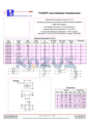 EPR1551 datasheet - T1/CEPT Line Interface Transformers