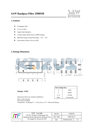 250851B datasheet - SAW Bandpass Filter
