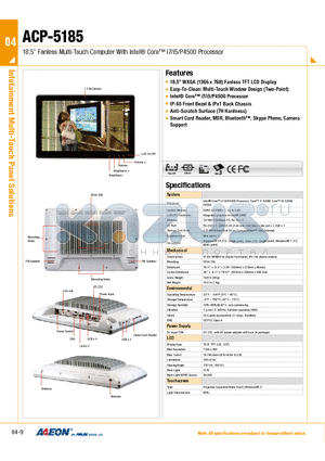 ACP-5185HTT-A2-1010 datasheet - 18.5 Fanless Multi-Touch Computer With Intel^ Core i7/i5/P4500 Processor