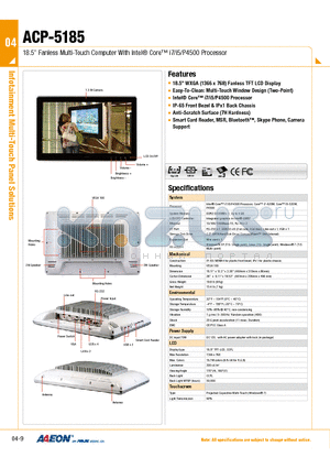 ACP-5185HTT-A3-1010 datasheet - 18.5 Fanless Multi-Touch Computer With Intel^ Core i7/i5/P4500 Processor