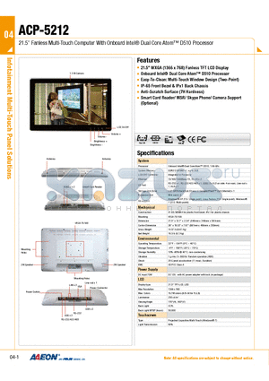ACP-5212 datasheet - 21.5 Fanless Multi-Touch Computer With Onboard Intel^ Dual Core Atom D510 Processor