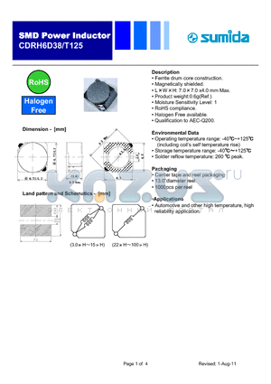 CDRH6D38T125NP-220PC datasheet - Ferrite drum core construction.