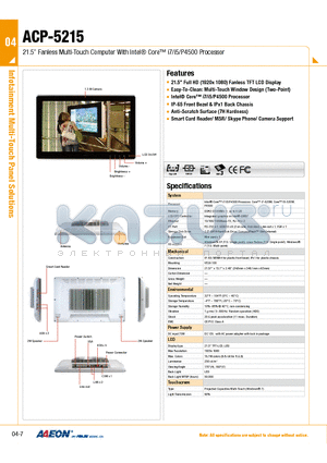 ACP-5215HTT-A2-1010 datasheet - 21.5 Fanless Multi-Touch Computer With Intel^ Core i7/i5/P4500 Processor
