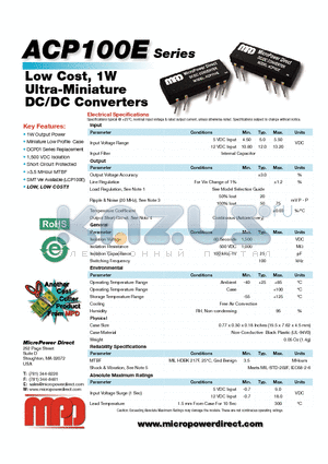 ACP102E datasheet - Low Cost, 1W Ultra-Miniature DC/DC Converters