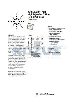 ACPF-7001-TR1 datasheet - Agilent ACPF-7001 High Rejection Tx Filter for US PCS Band