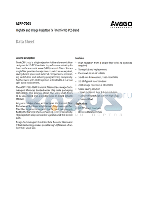 ACPF-7003-TR1 datasheet - High Rx and Image Rejection Tx Filter for US PCS Band