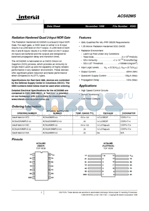 ACS02D datasheet - Radiation Hardened Quad 2-Input NOR Gate