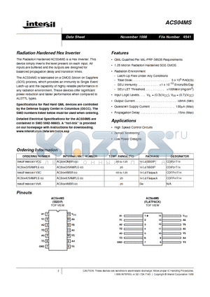 ACS04MS datasheet - Radiation Hardened Hex Inverter