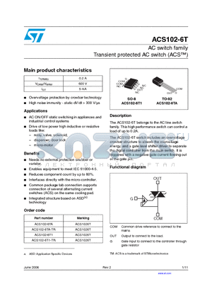 ACS102-6T1 datasheet - AC switch family Transient protected AC switch (ACS)