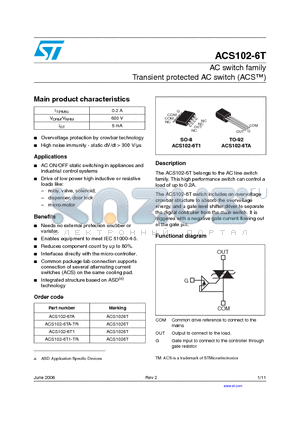 ACS102-6T1-TR datasheet - AC switch family Transient protected AC switch (ACS)