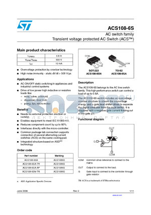 ACS108-6SN-TR datasheet - AC switch family Transient voltage protected AC Switch (ACS)