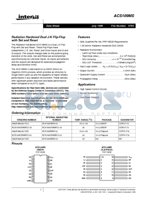 ACS109K datasheet - Radiation Hardened Dual J-K Flip-Flop with Set and Reset