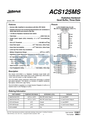 ACS125K datasheet - Radiation Hardened Quad Buffer, Three-State