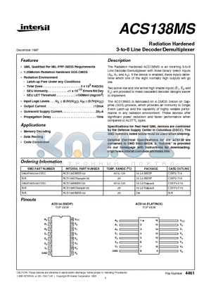 ACS138HMSR-02 datasheet - Radiation Hardened 3-to-8 Line Decoder/Demultiplexer