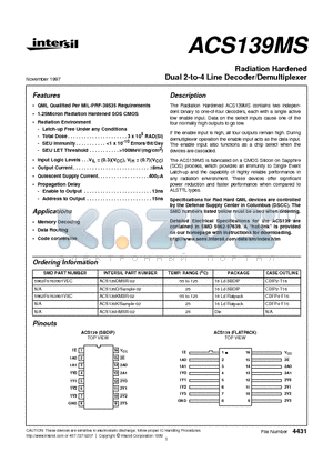 ACS139K datasheet - Radiation Hardened Dual 2-to-4 Line Decoder/Demultiplexer