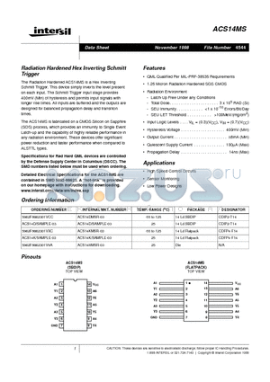 ACS14D datasheet - Radiation Hardened Hex Inverting Schmitt Trigger