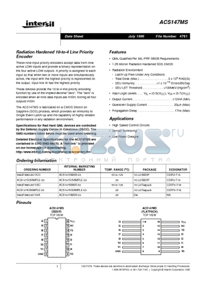 ACS147MS datasheet - Radiation Hardened 10-to-4 Line Priority Encoder