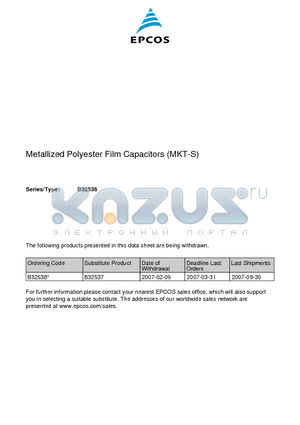 B32537 datasheet - Metallized Polyester Film Capacitors (MKT-S)
