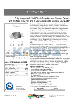 ACS704ELC-015 datasheet - Fully Integrated, Hall Effect-Based Linear Current Sensor with Voltage Isolation and a Low-Resistance Current Conductor