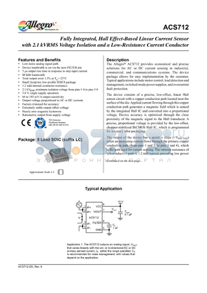 ACS712 datasheet - Fully Integrated, Hall Effect-Based Linear Current Sensor with 2.1 kVRMS Voltage Isolation and a Low-Resistance Current Conductor
