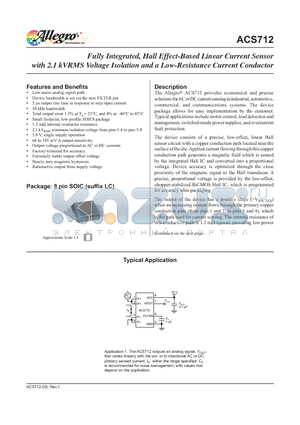 ACS712ELCTR-05B-T datasheet - Fully Integrated, Hall Effect-Based Linear Current Sensor with 2.1 kVRMS Voltage Isolation and a Low-Resistance Current Conductor
