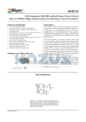 ACS712 datasheet - Fully Integrated, Hall Effect-Based Linear Current Sensor with 2.1 kVRMS Voltage Isolation and a Low-Resistance Current Conductor