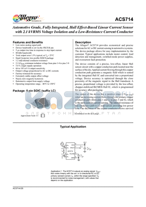 ACS714LLCTR-05B-T datasheet - Automotive Grade, Fully Integrated, Hall Effect-Based Linear Current Sensor with 2.1 kVRMS Voltage Isolation and a Low-Resistance Current Conductor