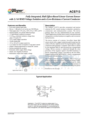 ACS713ELCTR-20A-T datasheet - Fully Integrated, Hall Effect-Based Linear Current Sensor with 2.1 kVRMS Voltage Isolation and a Low-Resistance Current Conductor