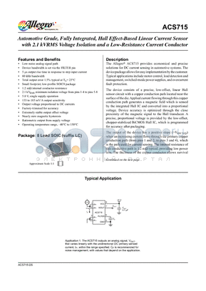 ACS715LLCTR-30A-T datasheet - Automotive Grade, Fully Integrated, Hall Effect-Based Linear Current Sensor with 2.1 kVRMS Voltage Isolation and a Low-Resistance Current Conductor
