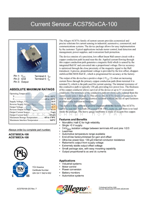 ACS750XCA-100 datasheet - Industrial systems, Motor control, Power conversion, Battery monitors Automotive systems