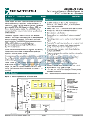 ACS8509T datasheet - Synchronous Equipment Timing Source for SONET or SDH Network Elements