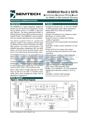 ACS8510 datasheet - Synchronous Equipment Timing Source for SONET or SDH Network Elements