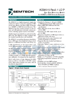ACS8515 datasheet - Line Card Protection Switch for SONET or SDH Network Elements