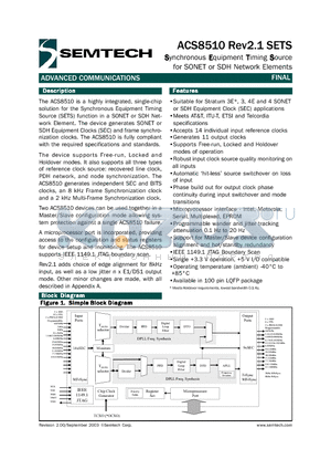 ACS8510REV2.1 datasheet - Synchronous Equipment Timing Source for SONET or SDH Network Elements