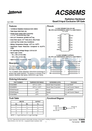 ACS86HMSR datasheet - Radiation Hardened Quad 2-Input Exclusive OR Gate