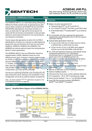ACS8946T datasheet - Jitter Attenuating, Multiplying Phase Locked Loop, with Protection Switch, for OC-12/STM-4 and GbE