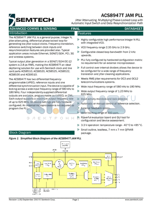 ACS8947T datasheet - Jitter Attenuating, Multiplying Phase-Locked Loop with Automatic Input Switch and Data Resynchronization Path