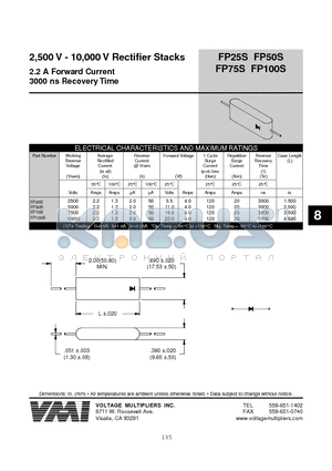 FP100S datasheet - 2,500 V - 10,000 V Rectifier Stacks 2.2 A Forward Current 3000 ns Recovery Time