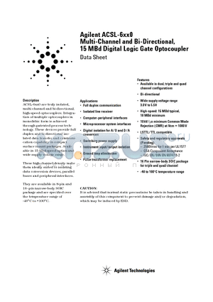 ACSL-6410-56R datasheet - Multi-Channel and Bi-Directional, 15 MBd Digital Logic Gate Optocoupler