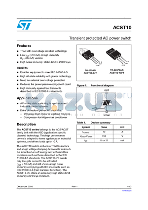 ACST10 datasheet - Transient protected AC power switch
