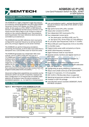 ACS8526 datasheet - Line Card Protection Switch for PDH, SONET or SDH Systems