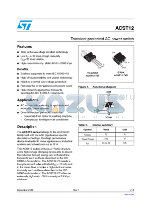 ACST12-7CG-TR datasheet - Transient protected AC power switch