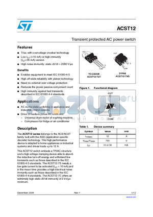 ACST12-7CT datasheet - Transient protected AC power switch