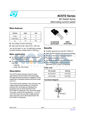 ACST2 datasheet - AC Switch family Alternating current switch