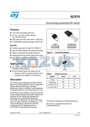 ACST4 datasheet - Overvoltage protected AC switch