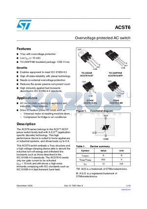 ACST6610-8TTR datasheet - Overvoltage protected AC switch