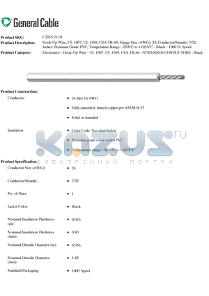 C2015.21.01 datasheet - Hook-Up Wire, UL 1007, UL 1569, CSA TR-64, Gauge Size (AWG): 24, Conductor/Strands: 7/32