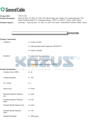 C20151206 datasheet - Hook-Up Wire, UL 1007, UL 1569, CSA TR-64, Gauge Size (AWG): 24, Conductor/Strands: 7/32