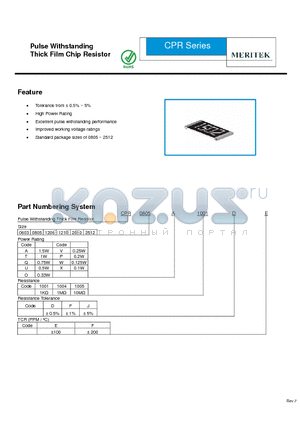 CPR0603A1001DE datasheet - Pulse Withstanding Thick Film Chip Resistor